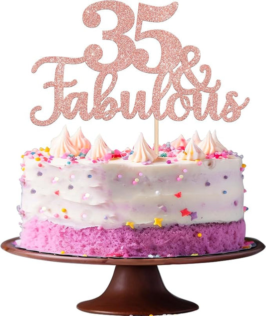 1 PCS 35 & Fabulous Cake Topper Glitter Thirty Five and Fabulous Cake Toppers Happy 35th Birthday Cake Pick for 35th Wedding Anniversary Birthday Party Cake Decorations Supplies Rose Gold