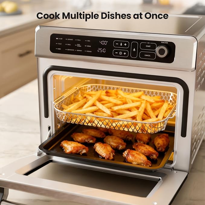 Kismile 25QT Air Fryer Toaster Oven, Countertop Convection Oven, 12 Preset Cooking Functions, Adjustable Temp 70-450°F, Toast, Bake, Broil, Reheat, Fits 12" Pizza, Full Accessory Set Included, Silver