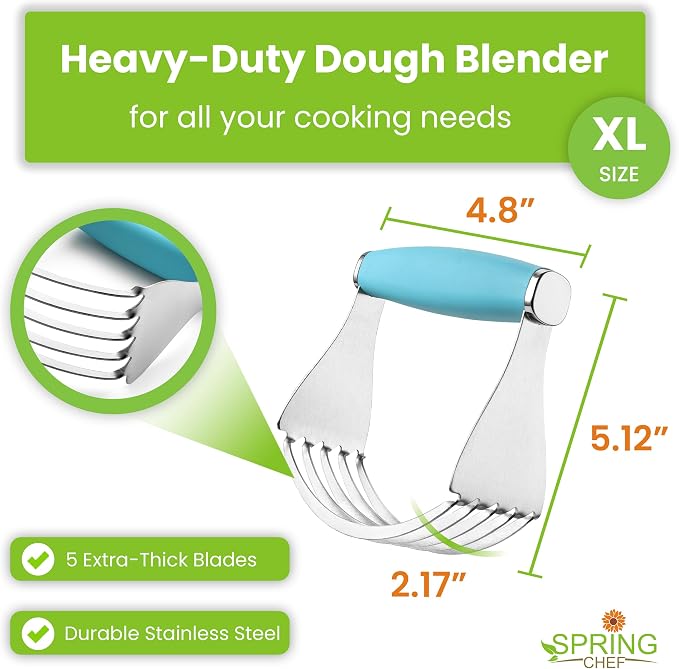 Spring Chef XL Stainless Steel Pastry Cutter Tool for Baking - Heavy Duty Dough Blender - Butter & Dough Cutter Tool with Sharp Blades - Pastry Blender for Easy Mixing - Dishwasher Safe - Aqua Sky