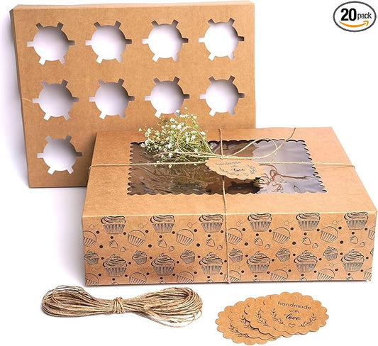 20-Pack Cupcake Boxes Bulk, Cupcake Holder with Lid, Disposable Cupcake Containers,Food Grade Kraft Bakery Boxes with Window to Fit 12 Cupcakes, Cookies,Muffins,Pastry, Long Treats
