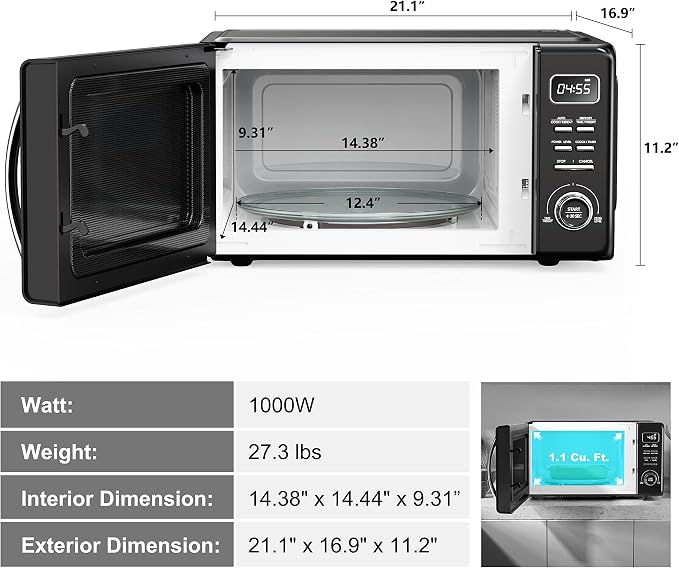Galanz GLCMKZ11BKR10 Retro Countertop Microwave Oven with Auto Cook & Reheat, Defrost, Quick Start Functions, Easy Clean with Glass Turntable, Pull Handle, 1.1 cu ft, Black