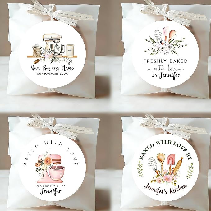 120-1000 Pack Custom Baked with Love Stickers,Personalized Baking Labels for Branding,Packaging,Gift Tags, 1.5 2 2.5 Inch Bakery Labels, Roll or Sheet Format (Round)