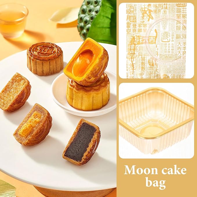 Mooncake Packaging Bags and Tray Set 5.70X4.33 Inch Clear Plastic Single Moon Cake Container for Bakery Pastry Food Storage and Sealing