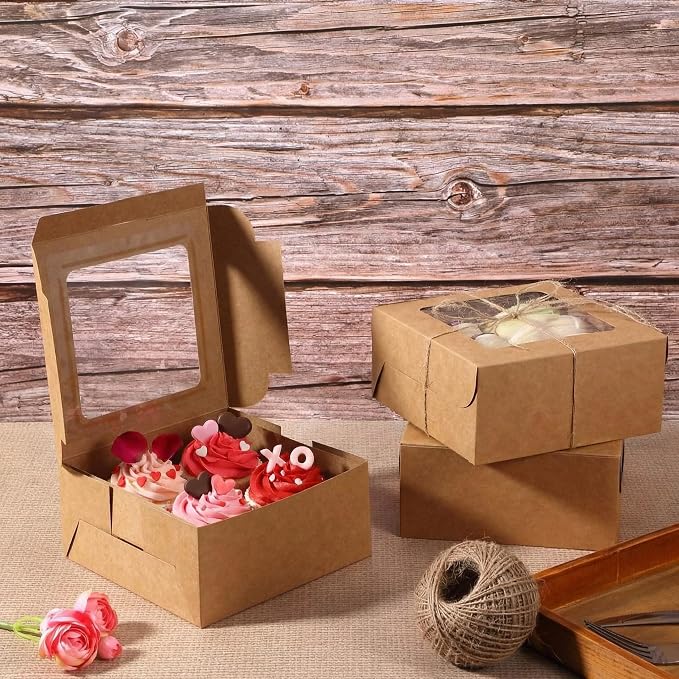 50 Pieces Bakery Box with Window Cookie Boxes Mini Kraft Boxes Gift for Pastries, Candy, Pie, Cupcakes, Soap Packaging for Homemade Soap (Brown,6.3 x 6.3 x 3 Inch)