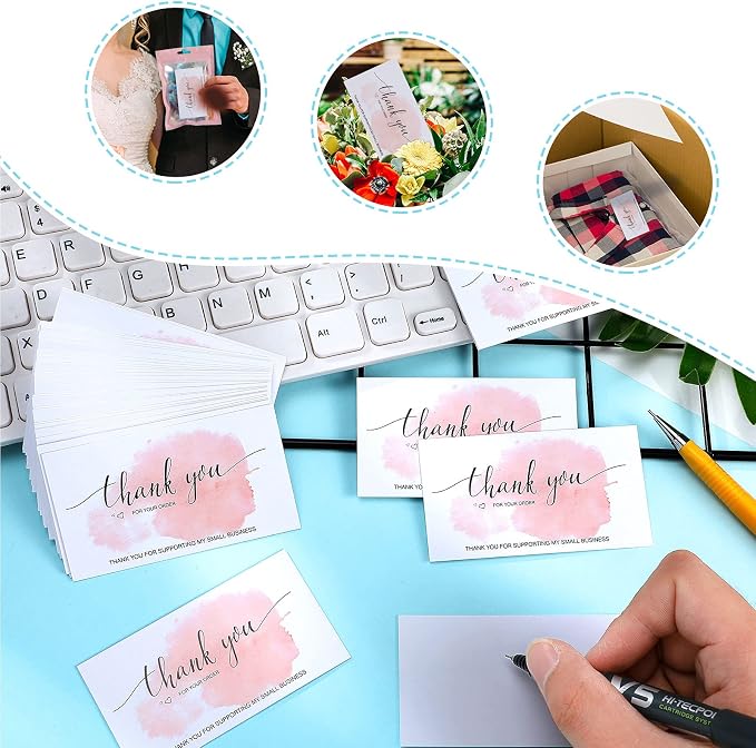 Outus 620 Pieces Thank You for Supporting My Small Business Cards and Stickers Set, Thank You Gold Foil Stickers with Resealable Packaging Bag for Business Owners Packaging Supplies (Pink)