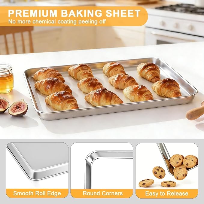 Onader Large Baking Sheet, 18 x 13 Inch Stainless Steel Half Sheet Shallow Baking Pans for Oven, Commercial Metal Cookie Pan Tray for Roasting Cooking, Mirror Finish & Dishwasher Safe, 2-Pack