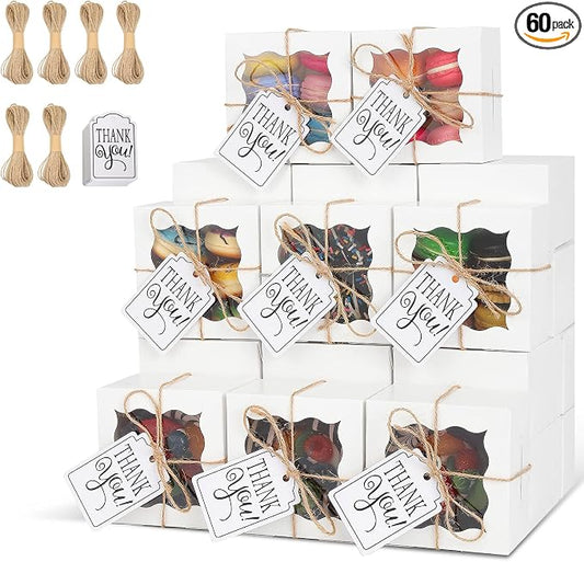 KPOSIYA 60 Pcs White Bakery Boxes with Window Individual Cupcake Box 4x4x2.5 Inches Cookie Boxes Kraft Paper Brown Gift Box for Pastries, Cookies, Pie, Donuts, Macaroon (60, White)