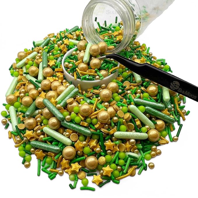 SE Si&Moos Sage Green and Gold Sprinkles 4.6 OZ Gold and Green Edible Pearls for Cake Decorating Jungle Sprinkles Baby Shower Birthday Halloween Christmas Cookie Decorations with Tweezers