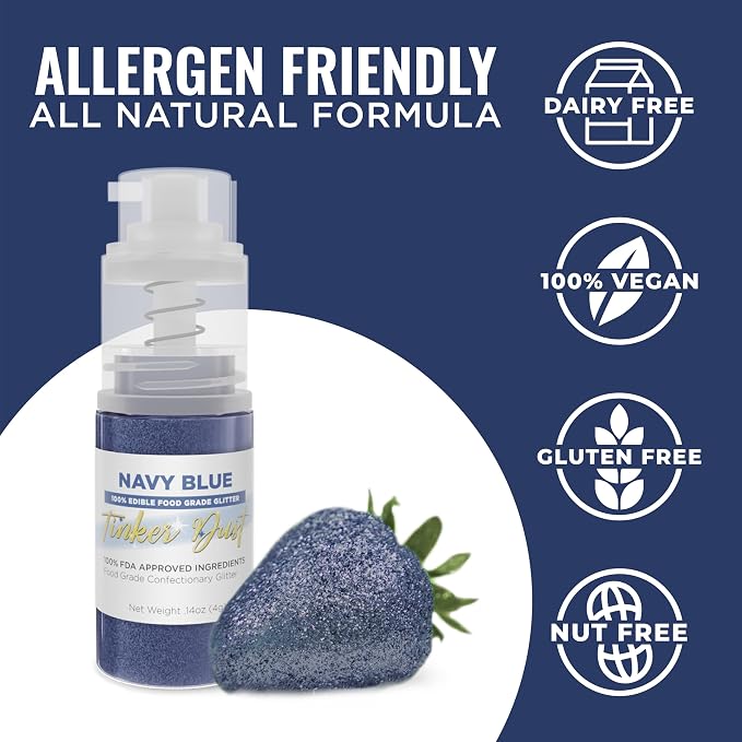 Bakell - Navy Blue Tinker Dust (4g, 1x Mini Spray Pump) Edible Glitter for Food, Desserts, and Baked goods!