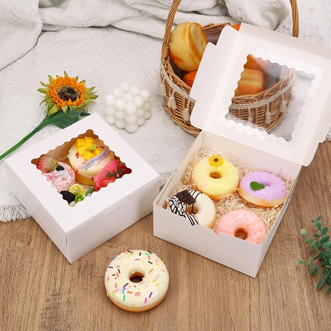 TOMNK 65pcs Cookie Boxes, 6x6x3 Inches Treat Boxes with Window, White Bakery Containers for Small Pie, Chocolate Covered Strawberries, Cupcake and Pastry