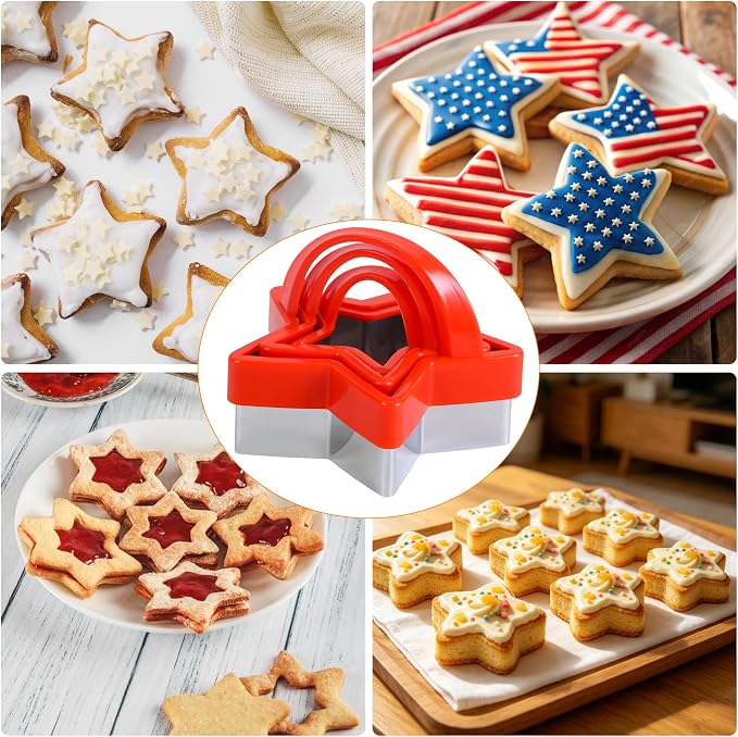 4th of July Star Shaped Cookie Cutters Set with Handle, Set of 3 Stainless Steel Patriotic Biscuit Molds for Pressing Cookie, Sandwich, Bread, Independence Day Baking Decorations