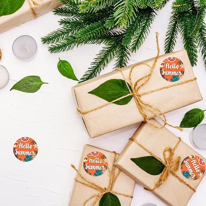 Louise Maelys 500 Pcs Tropical Plant Friut Hello Summer Stickers Roll, 1.5 Inch Happy Holiday Lable for Kids and Adult, Adhesive Decoration Round Labels for Baking Card Gift Envelope Craft Making