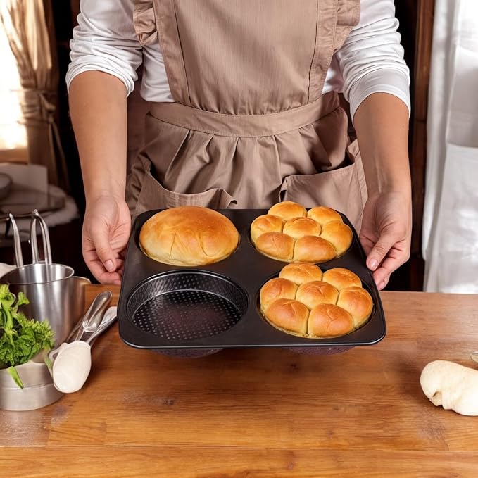 BuleVina 5 Inch Hamburger Bun Pan, Non-Stick Carbon Steel Bread Mold, 4 Cavity Cup Big Baking Pan for Homemade Hamburger Buns, Nonstick & Heat Resistant Burger Bun Mold