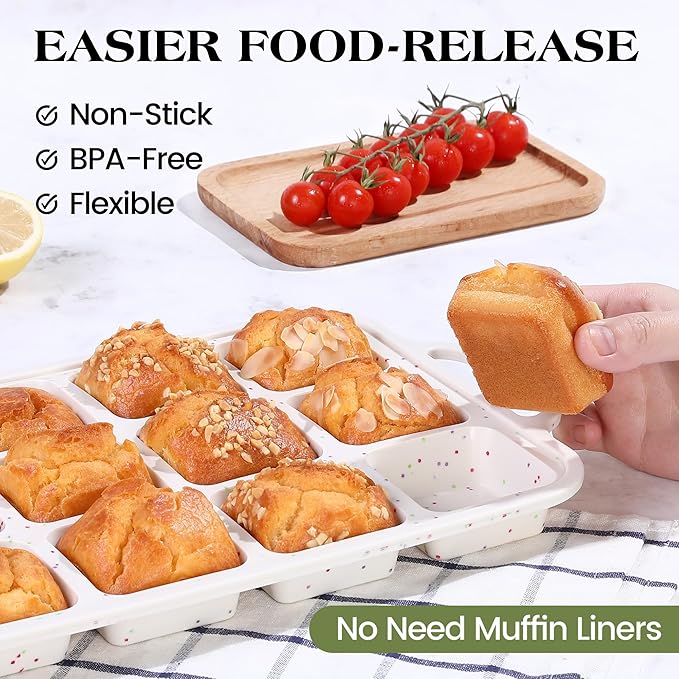 2 Pcs Brownie Pan with Dividers Silicone Nonstick Mini Individual 12 Cup Square Muffin Cupcake Pans with Metal Reinforced Frame(Cream)