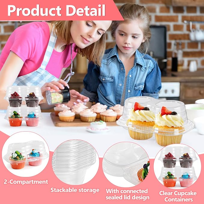 Jeffbaubl 60 Pcs 2 Cavity Cupcake Boxes,Clear Plastic Cupcake Containers,2-Compartment Cupcake Carrier Holder Box with Lids,Stackable Disposable Cupcake Holder for Muffins Pies