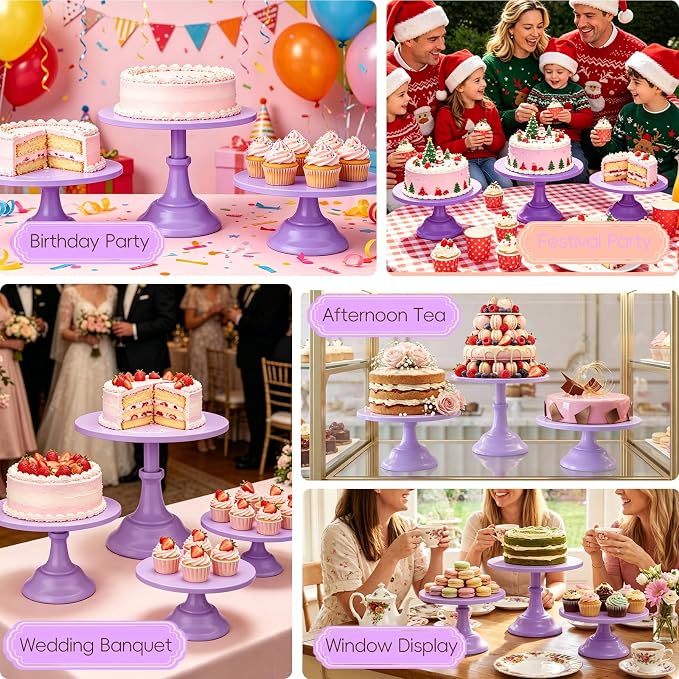 Three-piece Cake Stand Set, Metal Round Trays, 8-inch, 10-inch, and 12-inch, for Dessert Table displays; Perfect for Christmas, Thanksgiving, Birthdays, Weddings, and Other Celebrations(Purple)