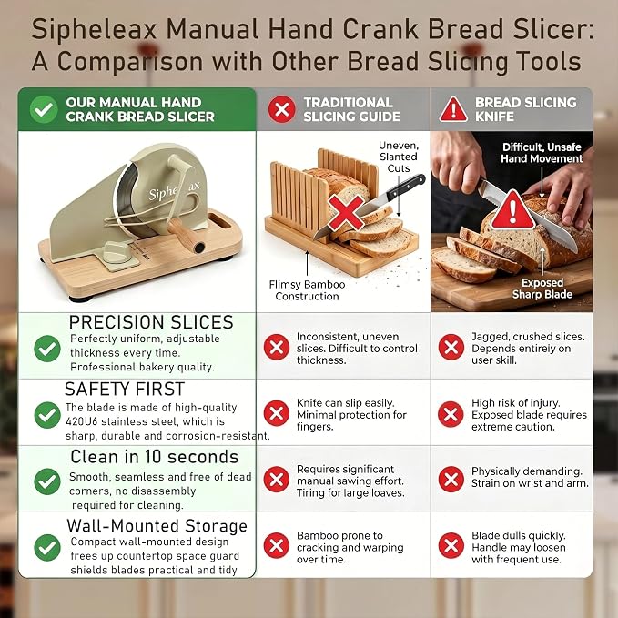 Manual Adjustable Sourdough Bread Slicer for Homemade Bread | Homemade bread and sourdough rounds, hand crank control, wall-mount storage, 0-0.8 in slices, no assembly, 420U6 blade
