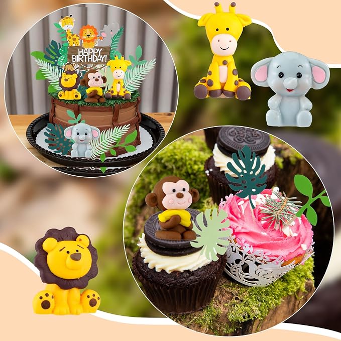 36 Pcs Safari Cake Topper Leaves Cake Decorations Elephant Birthday Cake Toppers Jungle Animals Cakes Toppers Woodland Animal Tiger Lion for Party Baby Shower Birthday Supplies