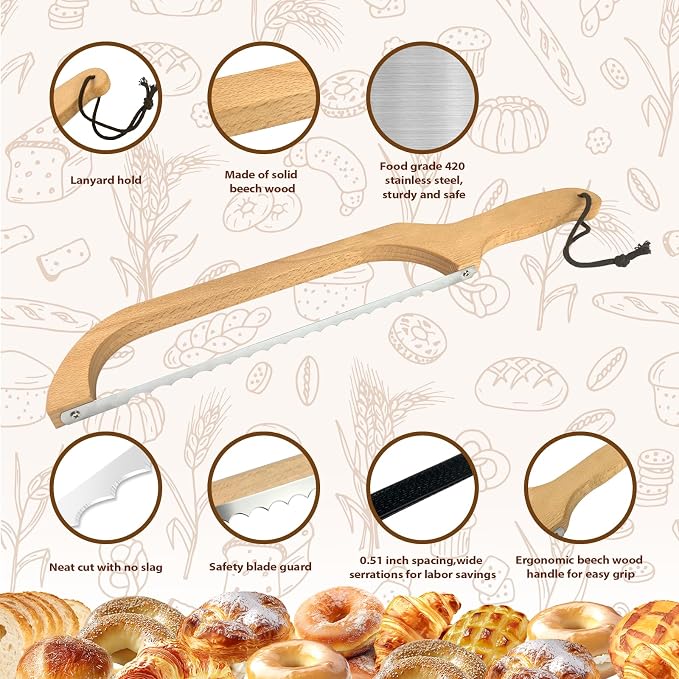 HOTTOR Sourdough Bread Slicer,16inch Bread Knife for Homemade Bread,Bread Bow Knife for Sourdough Rounds,Bread Cutter with Protective Cover,Stainless Steel Serrated Bread Knofe