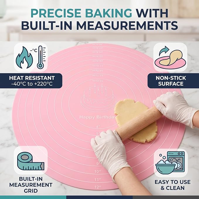 Baking Mat Round Silicone Pastry Mat, Nonslip Sheet Mat with Measurement, Nonstick Dough Rolling Mat Food Grade Silicone Counter Mat for Making Cakes Cookies Macarons Bread and Pastry