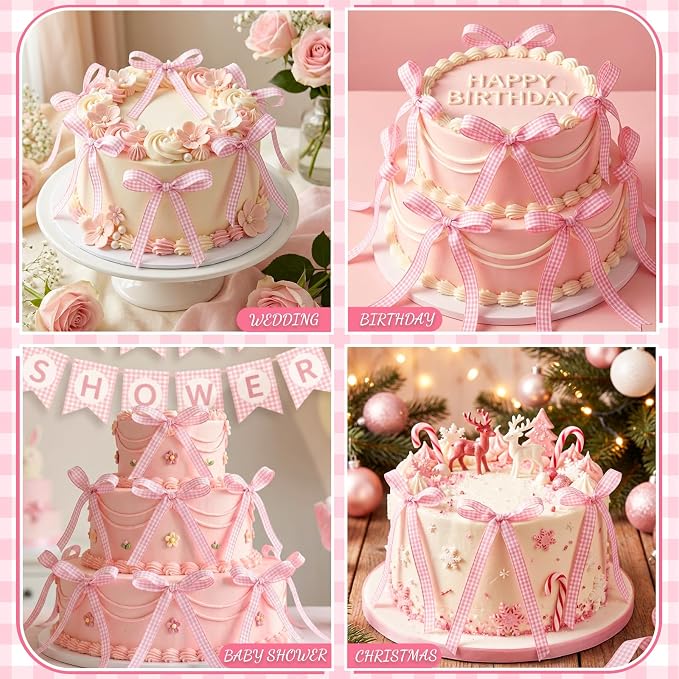 30 PCS Bow Cupcake Topper Pink Gingham Ribbon Bows for Cake Handmade Bow Birthday Decorations for Weddings, Baby Showers, Wedding, Engagements and Dessert Tables