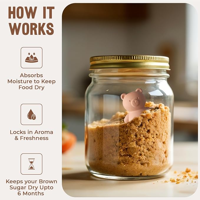 Brown Sugar Bear Keeper – 3D Terracotta Clay Sugar Saver Softener, Reusable Moisture Stone for Brown Sugar, Cookies, Marshmallows, Herbs, Baking & Kitchen Storage