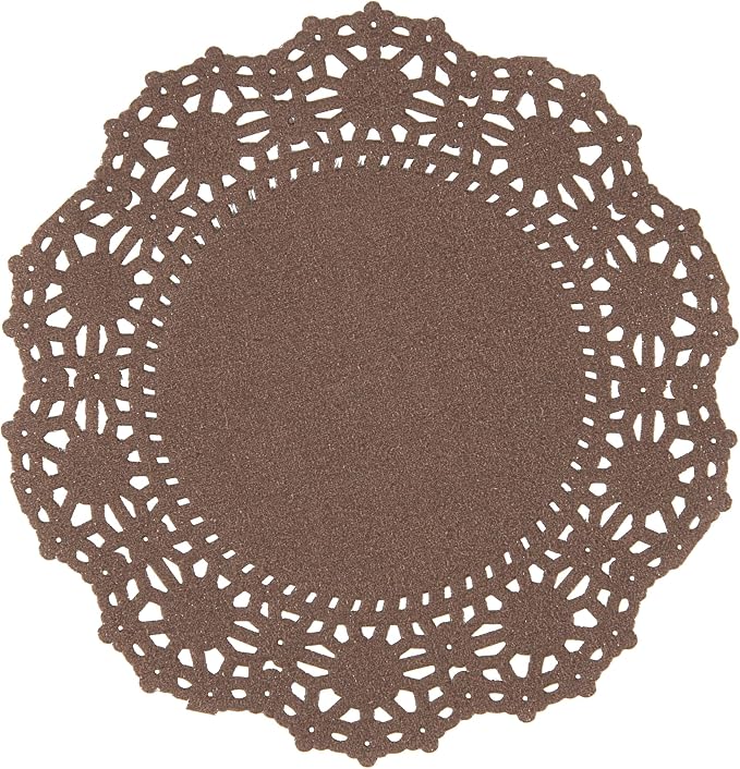Restaurantware-Pastry Tek 4 x 4 Inch Paper Lace Doilies, 100 Round Disposable Table Doilies - Elegant Lace Finish, Long Lasting, Brown Paper Lace Doilies, for Pastries, Cupcakes, Desserts
