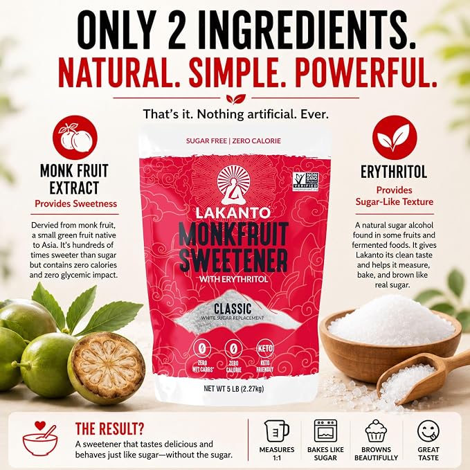Lakanto Classic Monk Fruit Sweetener with Erythritol - White Sugar Substitute, Zero Calorie, Keto Diet Friendly, Zero Net Carbs, Baking, Extract, Sugar Replacement (Classic White - 1.76 lb Pack of 3)
