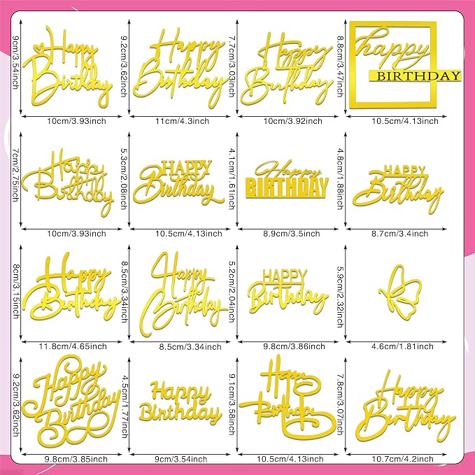 15Piece Gold Happy Birthday Cake Toppers Acrylic Mirror Inserts for Cakes Cupcakes Desserts 15 Styles (15pcs gold)