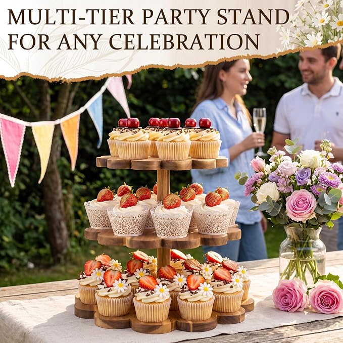 Novabright 3 Tier Scalloped Cupcake Stand, Acacia Wood Dessert Tower Display for Wedding Birthday Baby Shower Party, Rustic Tiered Cake Stand Holds 24 Cupcakes, 9/11/13 Inch, Easy Assembly