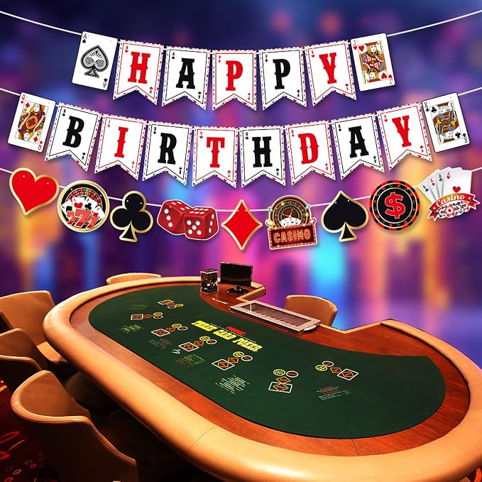 Zwiebeco Casino Theme Happy Birthday Banner Colorful Poker Sign Hanging Paper Party Decorations for Men Women Playing Cards Game Themed Accessories Supplies