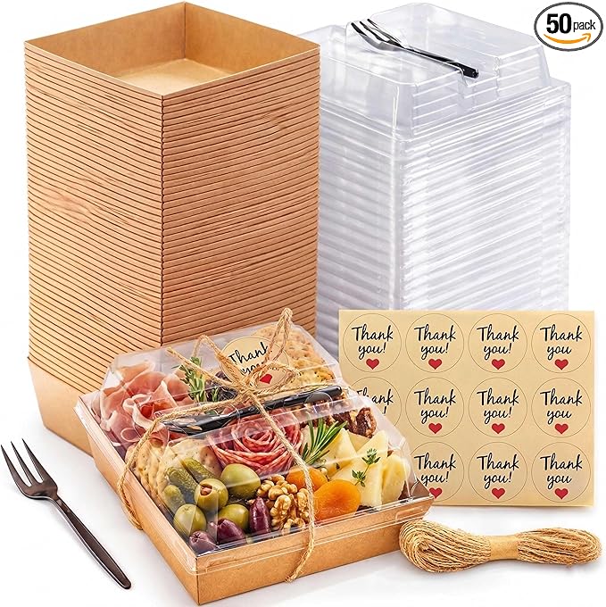 Leafiew 50 Pack Small Individual Charcuterie Boxes with Clear Lids and Forks - To Go Paper Mini Charcuterie Box, Disposable Food Containers, 5Inch Dessert Boxes for Cookie, Cake Slice, Strawberries