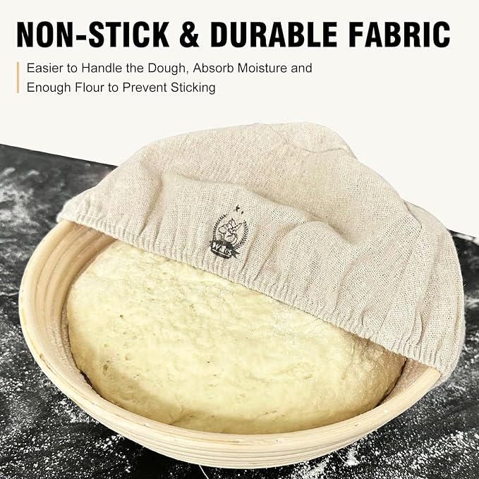 WALFOS Bread Basket Liner Cloth, 6 Packs 10 inch round bread proofing basket cloth liner, Baking Dough Basket Cover Natural Rattan Banneton Proofing Cloth
