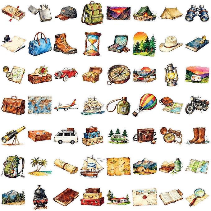 56 pcs Watercolor Vintage Travel Adventure Clear PET Stickers, Camping Hiking Compass Map Luggage Transparent Die-Cut Decals, Waterproof Stickers for Journal Scrapbook Planner DIY Outdoor Craft Decor
