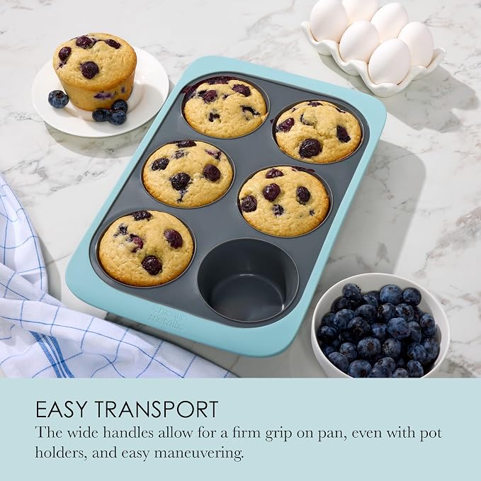 Chicago Metallic Silicone Muffin Pan, 6 Cup Nonstick Cupcake Tin with Wire-Reinforced Rim, Flexible Bakeware for Muffins, Egg Bites and More, Oven Safe to 428F, 10 x 8.6 Inches, Blue