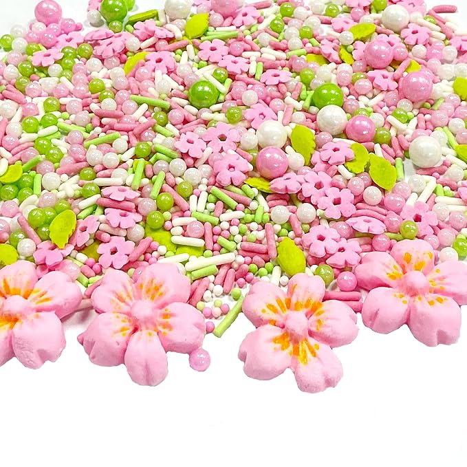 Homipooty Pink Flowers Sprinkles for Cake Decorating Edible Spring White Green Sugar Pearls Baking Cake Cookie Cupcake and Cake Topper Decorations