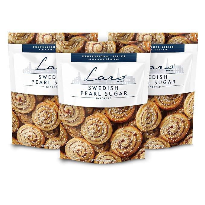 Lars Own Professional Series Swedish Pearl Sugar – 3-Pack, 2.5-lb Resealable Bag – Non-Melting, All-Natural Decorative Nib Sugar for Baking
