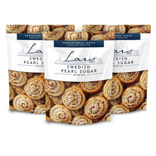 Lars Own Professional Series Swedish Pearl Sugar – 3-Pack, 2.5-lb Resealable Bag – Non-Melting, All-Natural Decorative Nib Sugar for Baking