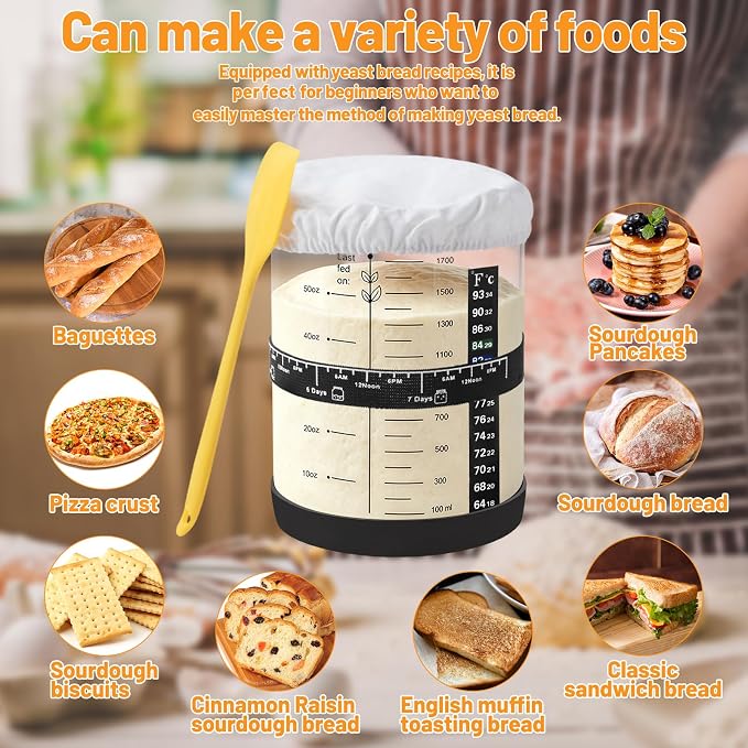 50oz Sourdough Starter Jar, Large Glass Sourdough Starter Jar Wide Mouth with Wooden Lid, Feeding Tracker and Spatula, Sourdough Starter Jar Kit for Bread Baking