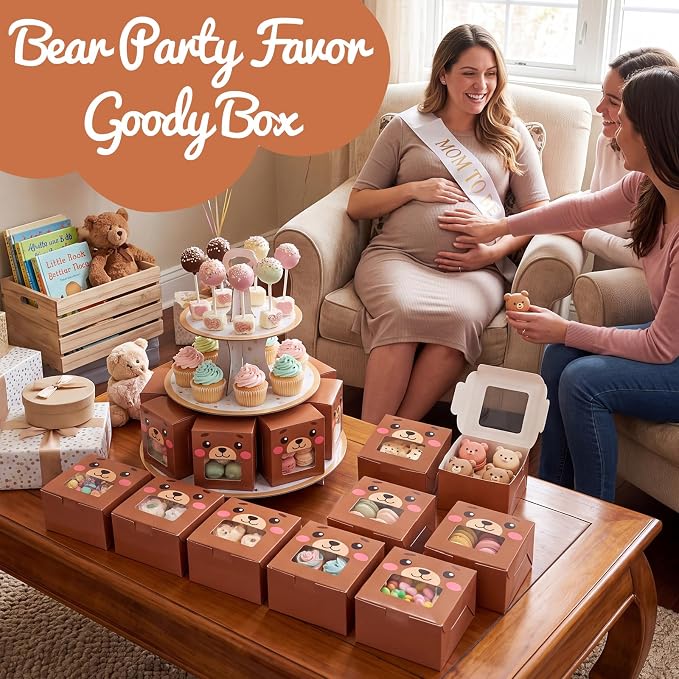 50 Pack Little Bear Cookie Boxes with Window, Cute Treat Boxes for Baby Shower, Kids Birthday & 1st Birthday, Gender Reveal, Bear Party Favor for Cookies, Macarons & Cupcakes