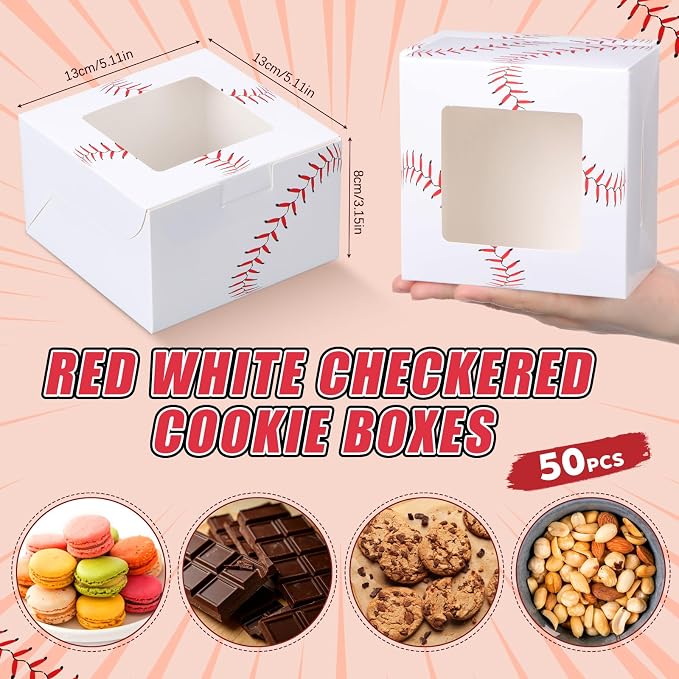 50 Pack Baseball Print Cookie Boxes with Window, Small Bakery Treat Boxes for Pastry Donuts Macaroon Cupcakes, Birthday Baseball Party Baby Shower Favors