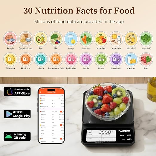 Smart Kitchen Food Scale with Nutritional Calculator, Free App & Bluetooth with 30 Nutrients, Calorie & Macro Tracking, Personalized Goals, Food Preload, Barcode Scan, Coffee Scale Mode, 11lb/5kg