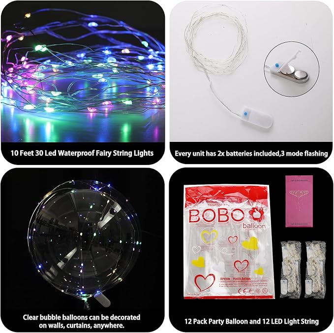 18 Packs Light Up Led Balloons, Cell Battery included 3 Modes Flashing,18 Pcs String Lights and 18 Pcs Clear Balloon, Perfect for Birthday Wedding Decorations (4 Colors)