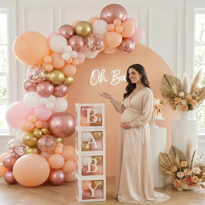 144Pcs Rose Gold Baby Shower Decorations for Girl - Pink Balloon Garland Arch Kit with 4 Baby Boxes - Metallic Gold Confetti Balloons for Princess Birthday, Bridal Shower Background