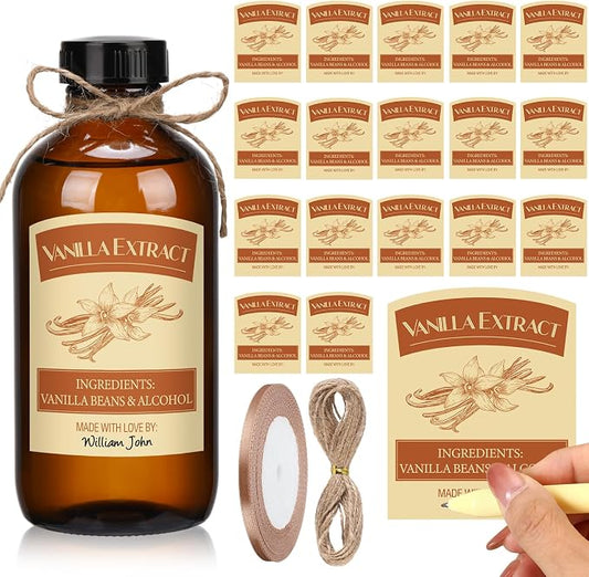 Fulmoon 24 Pcs Vanilla Extract Labels Homemade Vanilla Extract Stickers Bottle Labels with Ribbon Gift Stickers for 4oz, 8oz Handcrafted Bottles Wedding Gifts(Rustic)