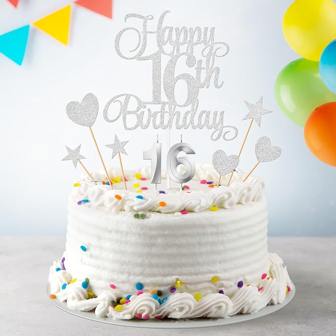 16th Birthday Cake Decorations, 16th Birthday Candles Cake Numeral Candles and Glitter Happy 16th Birthday Cake Toppers Set for Birthday Party Supplies (Silver)