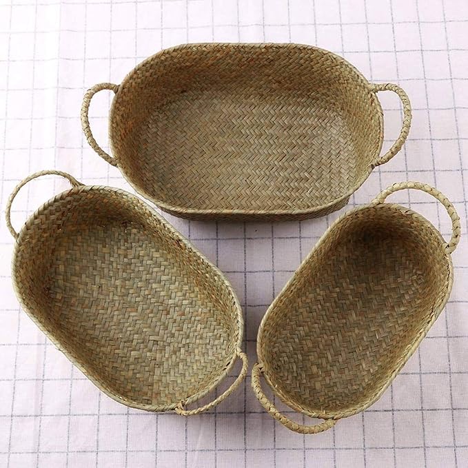 Handmade Woven Basket Straw Food Organizer Rattan Breadfruit Case Holder(S,24X15X9cm)