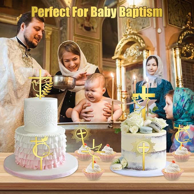 5 Pcs Gold Dove Cross Cake Toppers Acrylic Baptism First Communion Cake Decorations Supplies for Baby Shower Birthday Wedding Party Christian