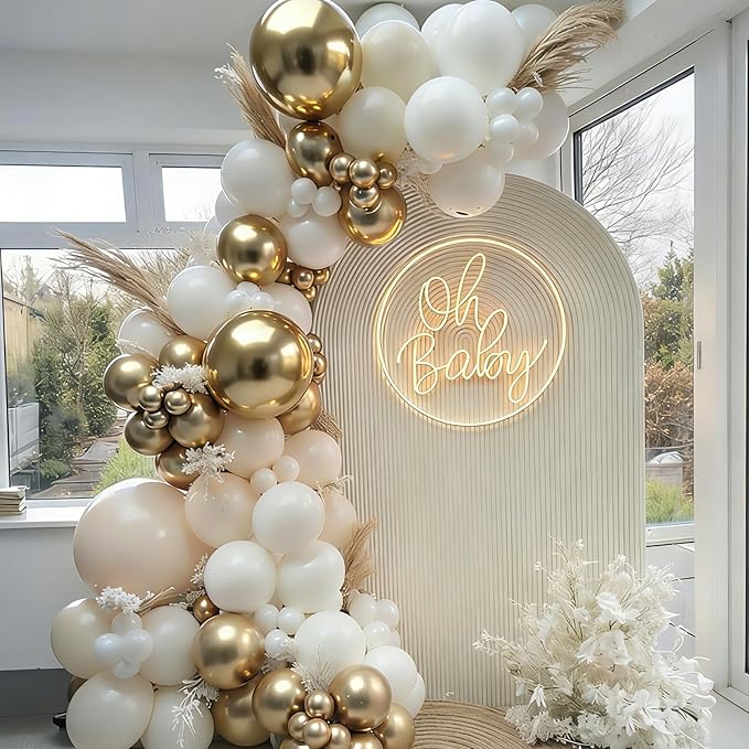 Sand White Gold Balloon Arch Kit - 144 pcs Beige, Sand White& Champagne Gold Balloons Garland for Birthday Wedding Bridal Shower Engagement Baby Shower Party Decorations
