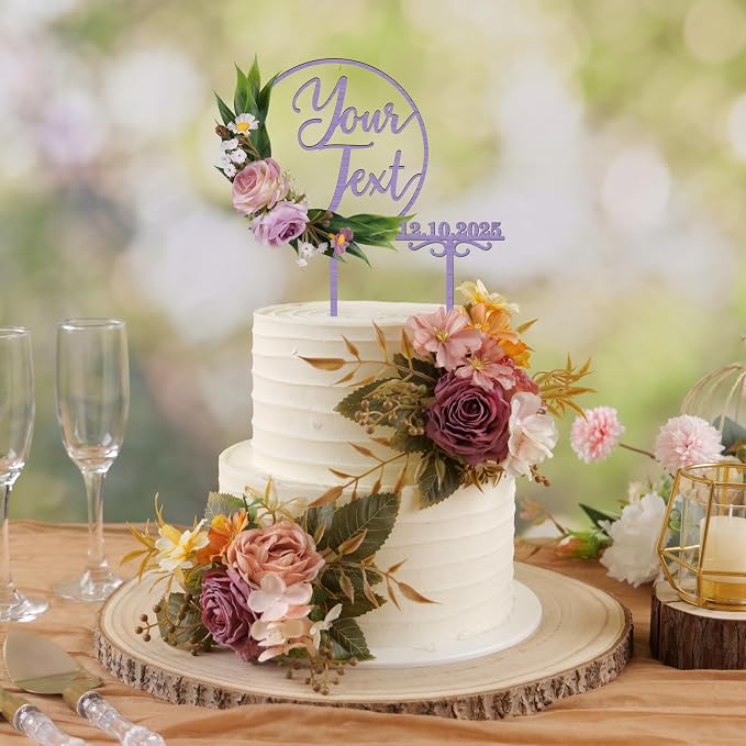 CustomText Wedding Cake Topper with 3D Artificial Flowers and Green Leaves Personalized Your Text Birthday Cake Decoration (Oak Finish)
